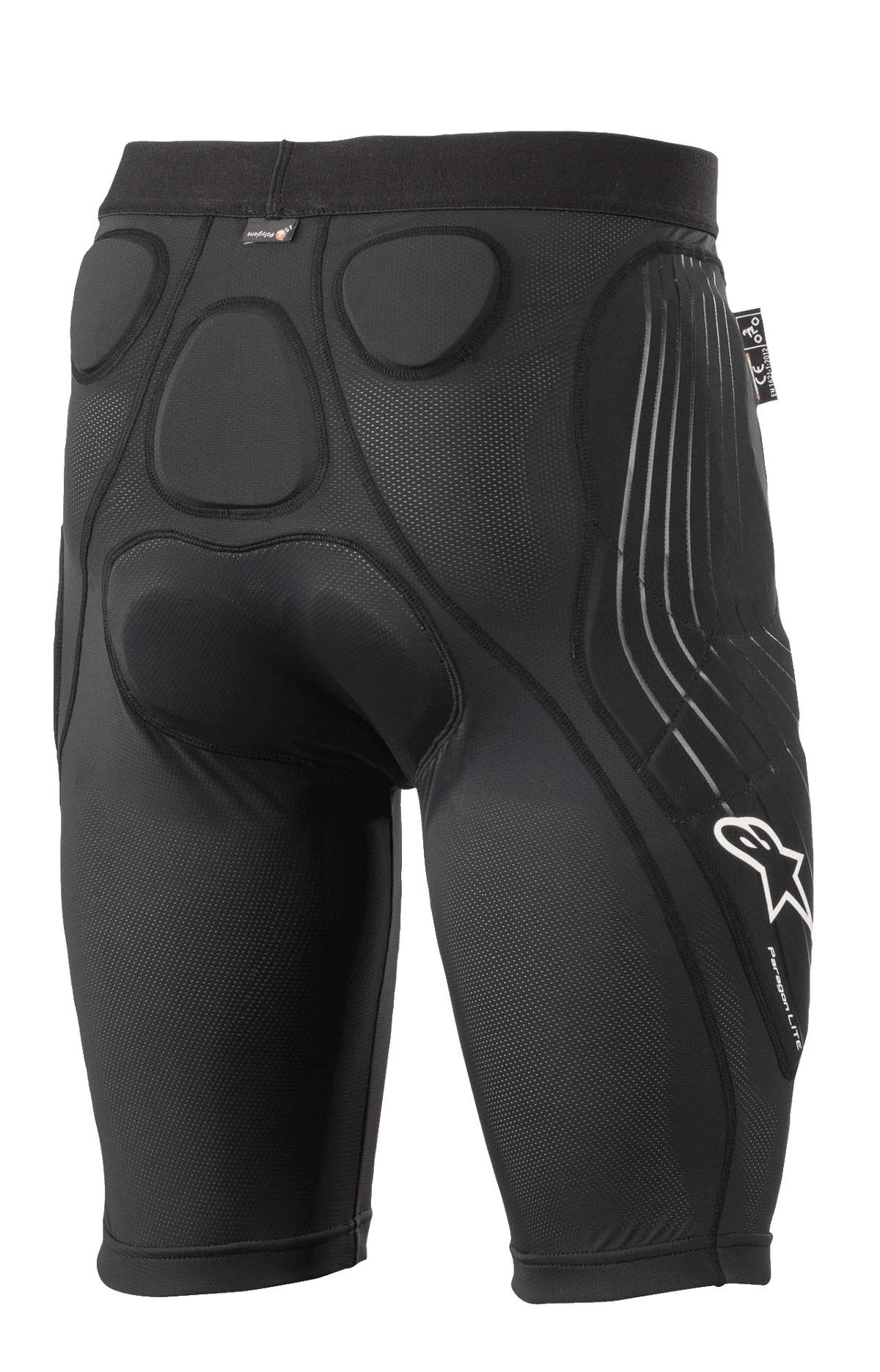 Alpinestars Paragon Lite Protection Shorts, Black, rear view featuring integrated memory foam padding for hip and coccyx protection, breathable mesh sleeve design, white Alpinestars logo and Paragon Lite branding on the leg, lightweight cycling protective gear