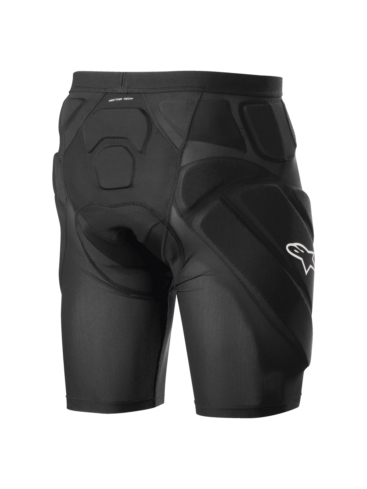 Alpinestars Vector Tech Shorts, schwarze Radsport-Protektorenshorts, integrierte EVA-Memory-Schaum-Polsterung an Hüften und Rücken, atmungsaktive Stretch-Mesh-Konstruktion, weißes Alpinestars-Logo an der Seite