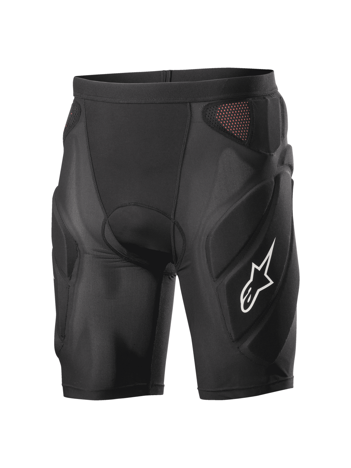 Alpinestars Vector Tech Shorts, schwarze Radsport-Protektorenshorts, gepolstertes Kompressionsdesign mit roten Mesh-Einsätzen, weißes Stern-Logo am Oberschenkel, leichtes Stretch-Mesh mit EVA-Schaumstoffschutz, MTB- und Downhill-Ausrüstung