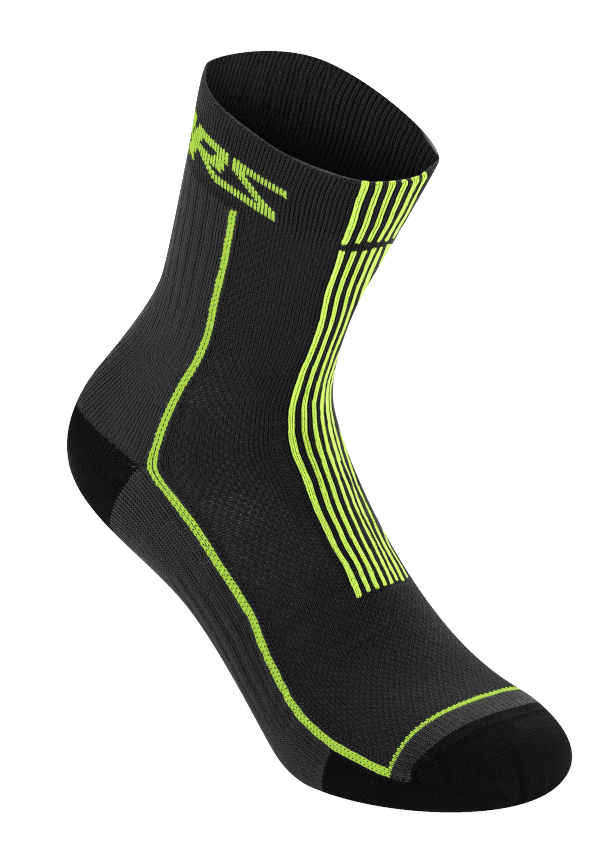 Alpinestars Summer Socks 15, noir et jaune acide, chaussettes de cyclisme légères à côtes, avec logo ASTARS jaune fluo et rayures verticales sur le talon, construction en maille respirante pour la pratique du VTT par temps chaud
