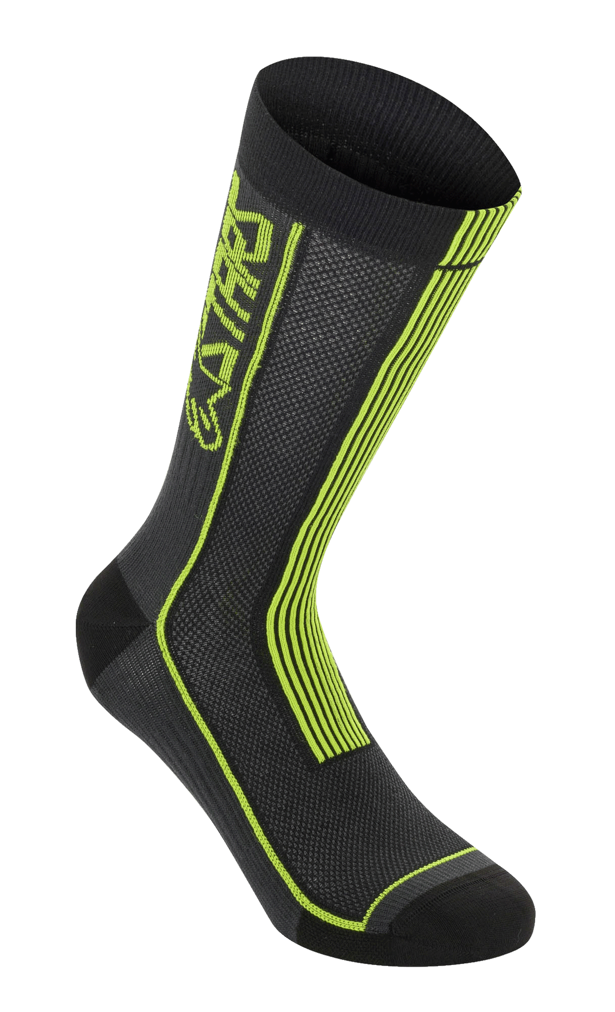 Alpinestars Summer Socks, chaussettes de cyclisme, noir et jaune acide, avec rayures verticales jaune fluo et marquage ASTARS, structure en maille respirante avec bord côte, talon et pointe renforcés, équipement léger haute performance pour le VTT