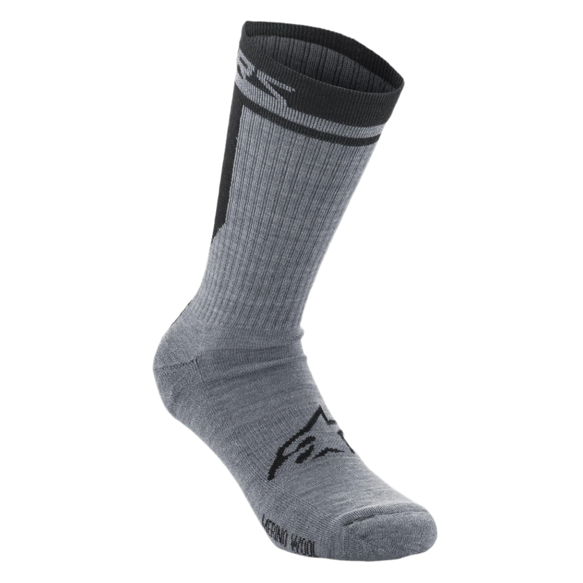 Alpinestars Merino Socken 24, Radsocken, Grau und Schwarz, einlagiger Merinowollstrick, schwarzes Rippbündchen mit Branding, schwarzes Astars-Logo auf dem Fußrücken