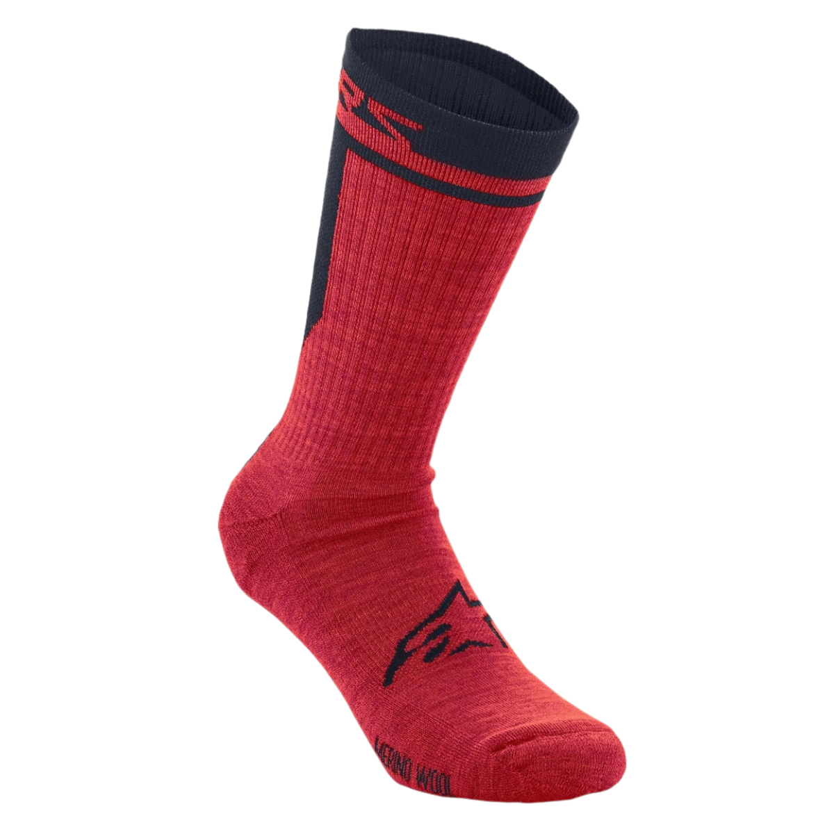 Alpinestars Merino Socken 24, Radsocken, Rot und Schwarz, einlagige Konstruktion aus Merinowolle, mit schwarzem Alpinestars-Logo auf dem Fuß und schwarzem Bündchen mit rotem Branding