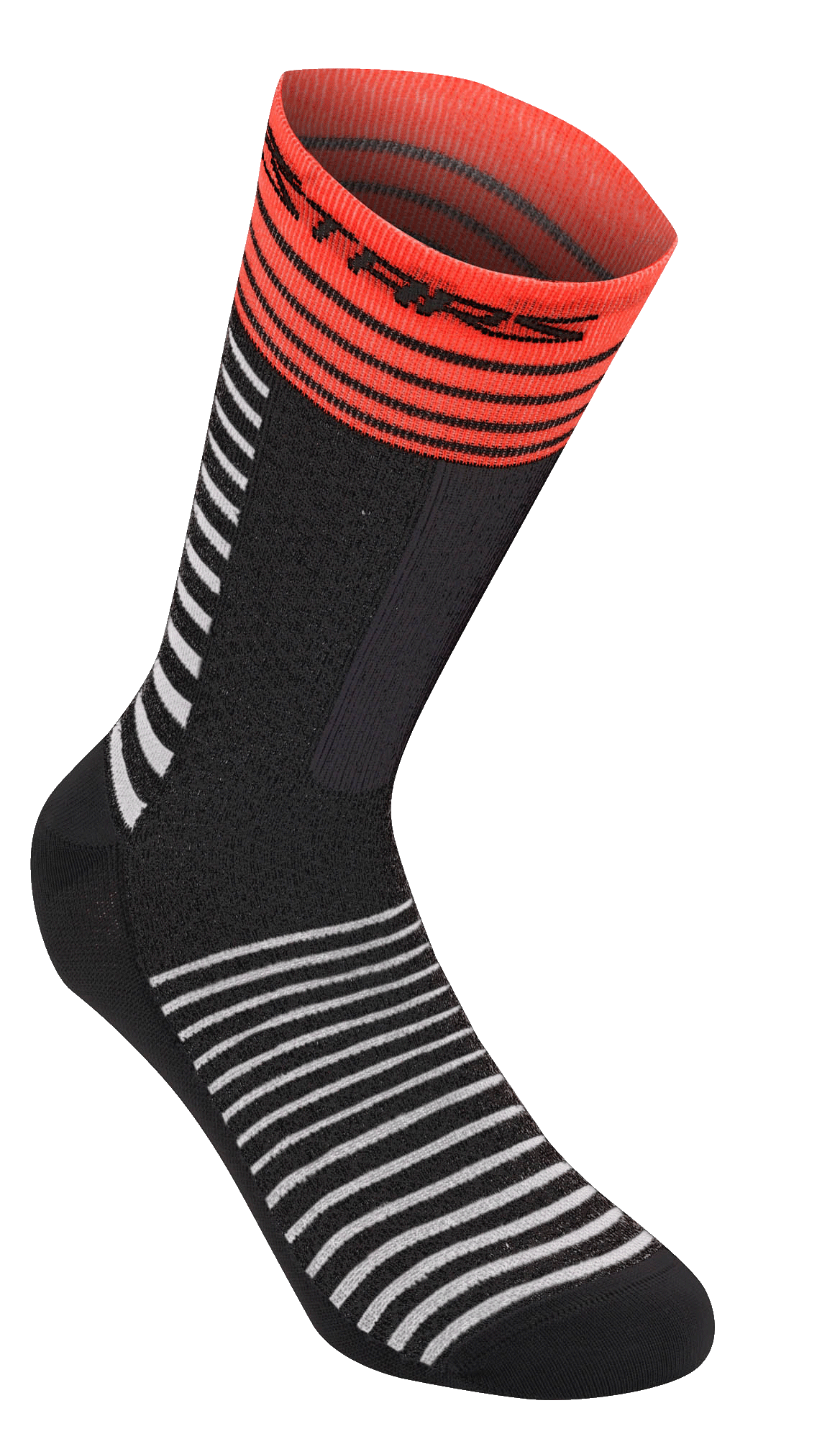 Alpinestars Drop Socks 19, chaussettes de cyclisme VTT, noires avec rayures horizontales blanches, manchette côtelée rouge vif avec logo noir, construction en maille légère, longueur 19 cm