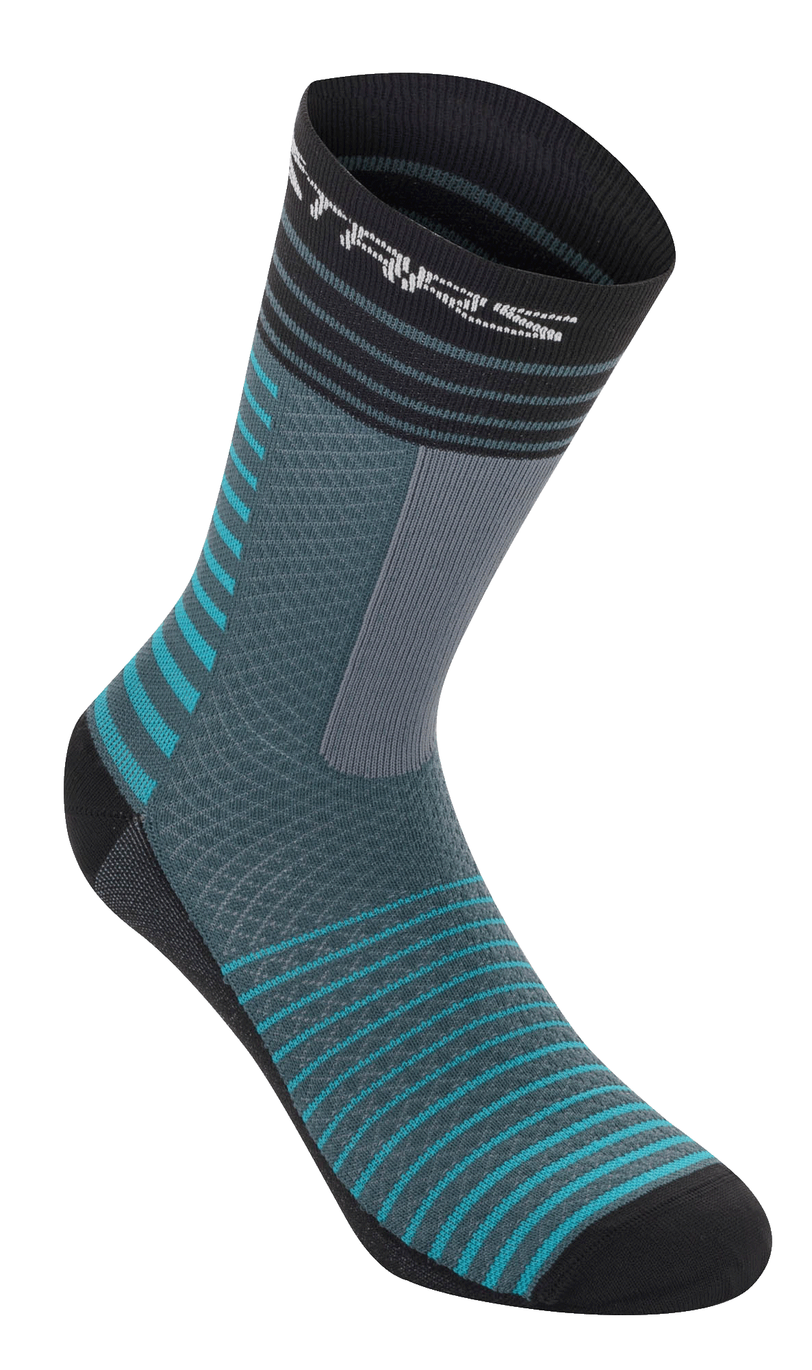 Alpinestars Drop Socks 19, chaussettes de cyclisme, Atlantic Ceramic et gris, design à rayures horizontales turquoise et noires, construction en maille respirante, longueur mi-mollet, équipement de performance pour le VTT