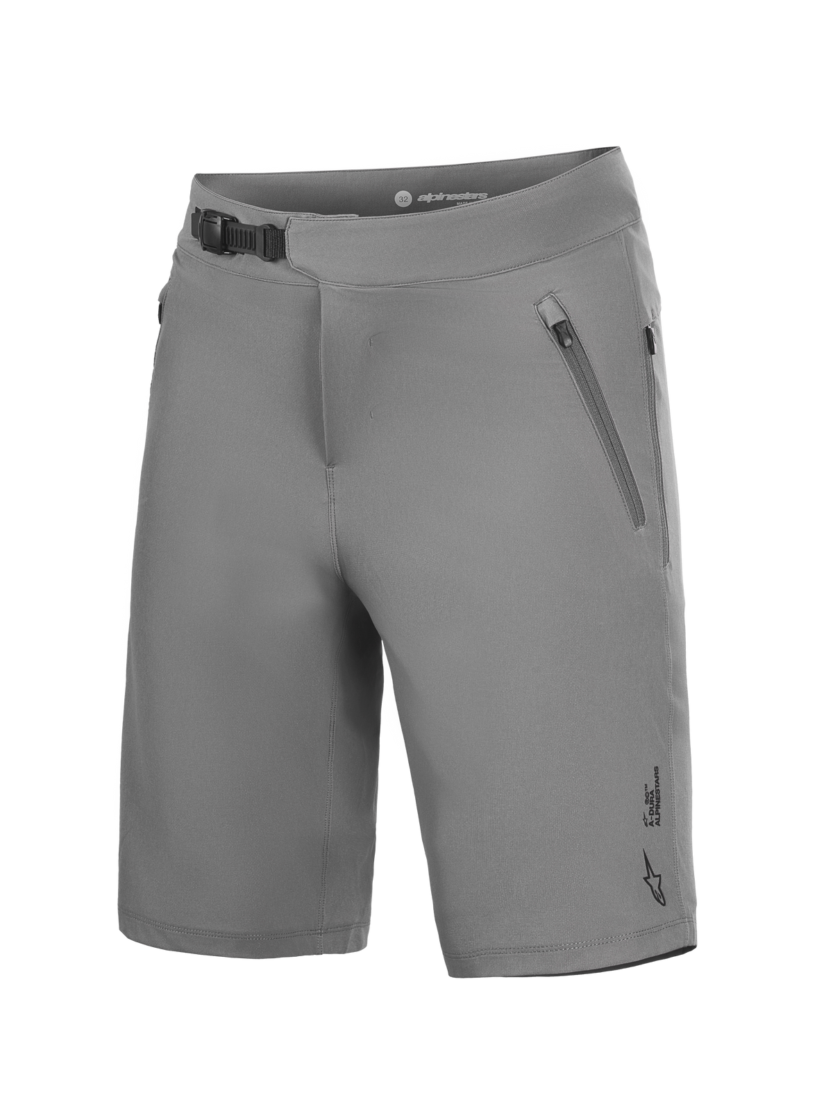 Graue Alpinestars A-Dura Ride MTB-Shorts mit 4-Wege-Stretch, Ratschenverschluss und Reißverschlusstaschen.