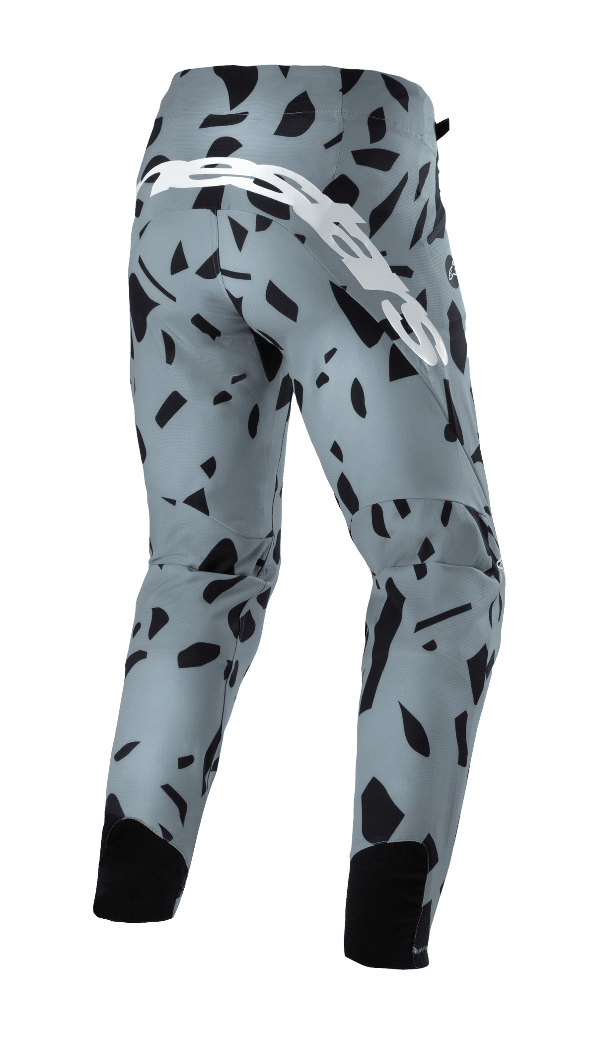 Pantalon Alpinestars Techstar Envision, pantalon de VTT, bleu cendré avec motif géométrique abstrait noir, vue arrière présentant un grand logo script blanc et des empiècements en maille noire aux mollets, équipement de cyclisme tout-terrain durable