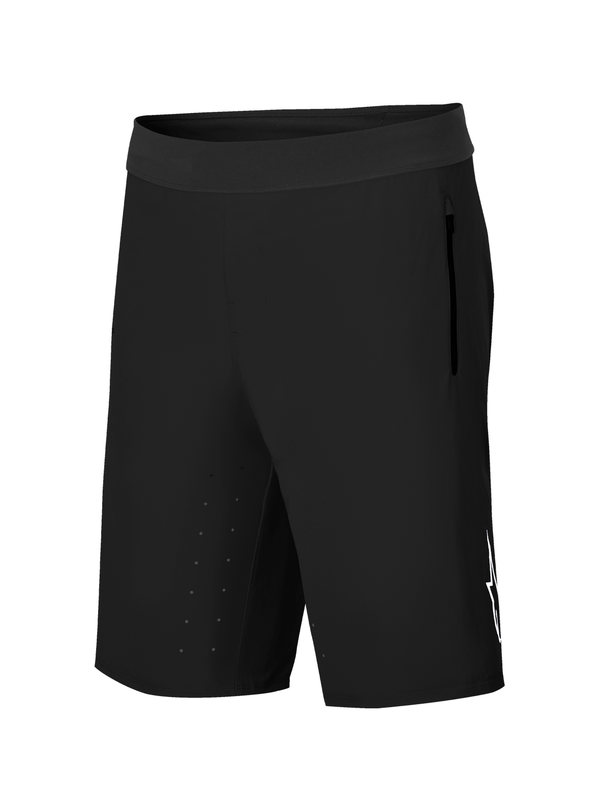 Alpinestars A-Aria Lite Shorts, Mountainbike-Shorts, Schwarz, mit breitem Bund, seitlicher Reißverschlusstasche, lasergeschnittenen Belüftungsöffnungen am Innenoberschenkel und weißem Astars-Logo, Performance-Trail-Ausrüstung