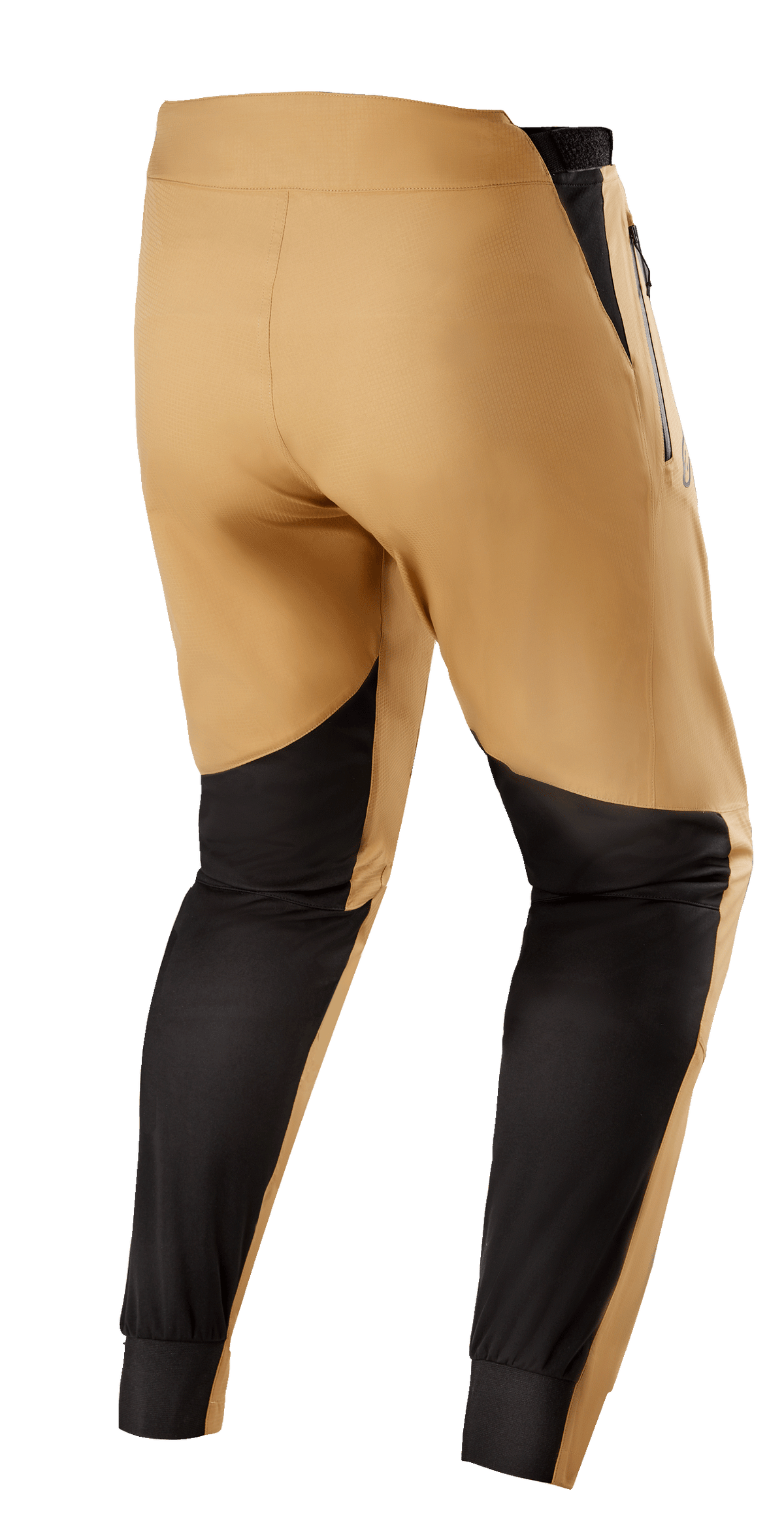 Alpinestars Tahoe 8.1 Wasserdichte Hose, wasserdichte MTB-Hose, Khaki und Schwarz, Rückansicht mit schwarzen verstärkten Einsätzen an den Waden, verstellbaren Taillenriegeln und wasserdichten Reißverschlüssen für Trail-Fahrten bei nassem Wetter