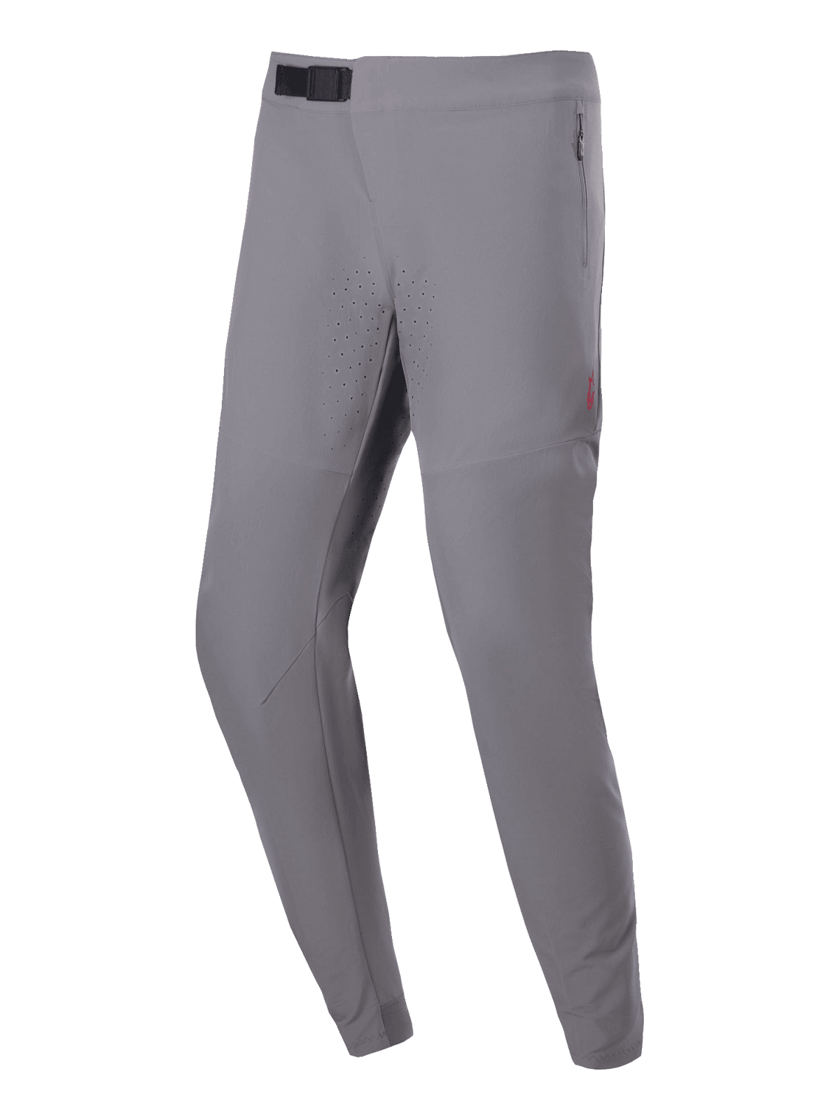 Pantalon Alpinestars A-Aria Elite, pantalon de cyclisme VTT, gris foncé, avec perforations laser sur les cuisses, fermeture à boucle magnétique noire à la taille et poches latérales zippées, coupe performance pour le VTT tout-terrain