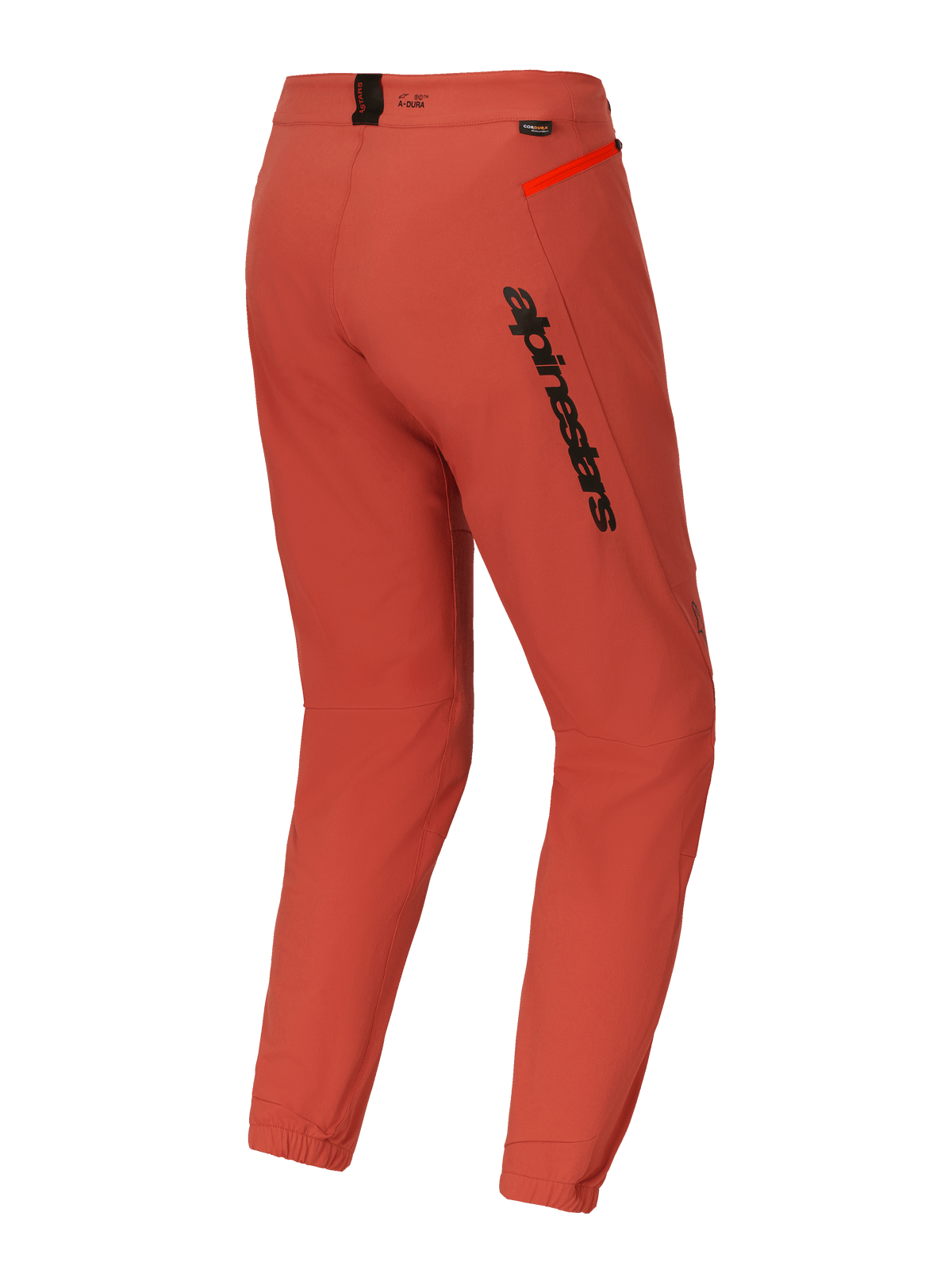 Alpinestars A-Dura Elite Pants, Mountain Bike (MTB) Pants, Dark Orange, rear three-quarter view featuring bold black Alpinestars branding on the thigh, bright orange zipper accent on the hip, and elasticated ankle cuffs, technical performance cycling gear
