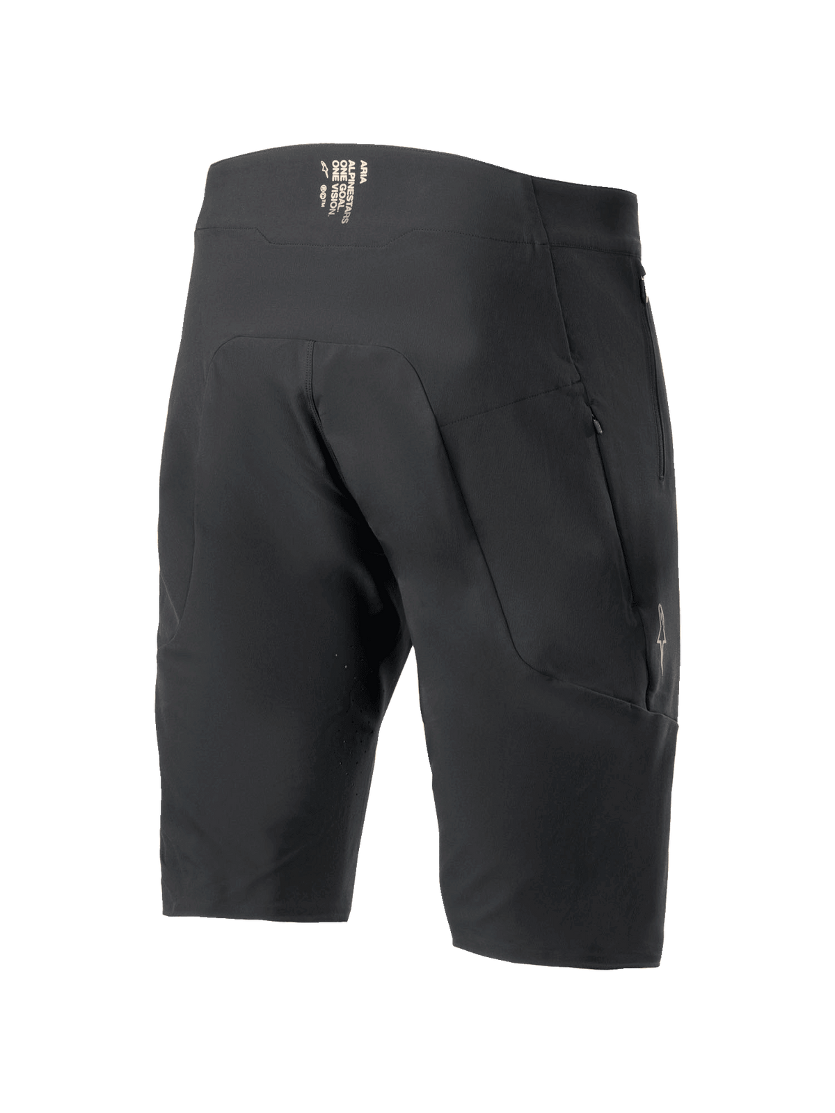 Alpinestars A-Aria Elite Shorts, mountainbike short, zwart, achteraanzicht met zakken met rits en branding op de tailleband, technische prestatiepasvorm voor off-road fietsen.