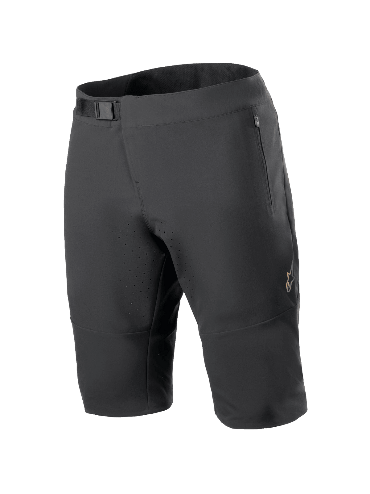 Alpinestars A-Aria Elite Shorts, mountainbike short, zwart, voorzien van een magnetische gespsluiting in de taille, zakken met ritssluiting, lasergesneden ventilatieopeningen en 4-way stretchmateriaal voor off-road fietsen