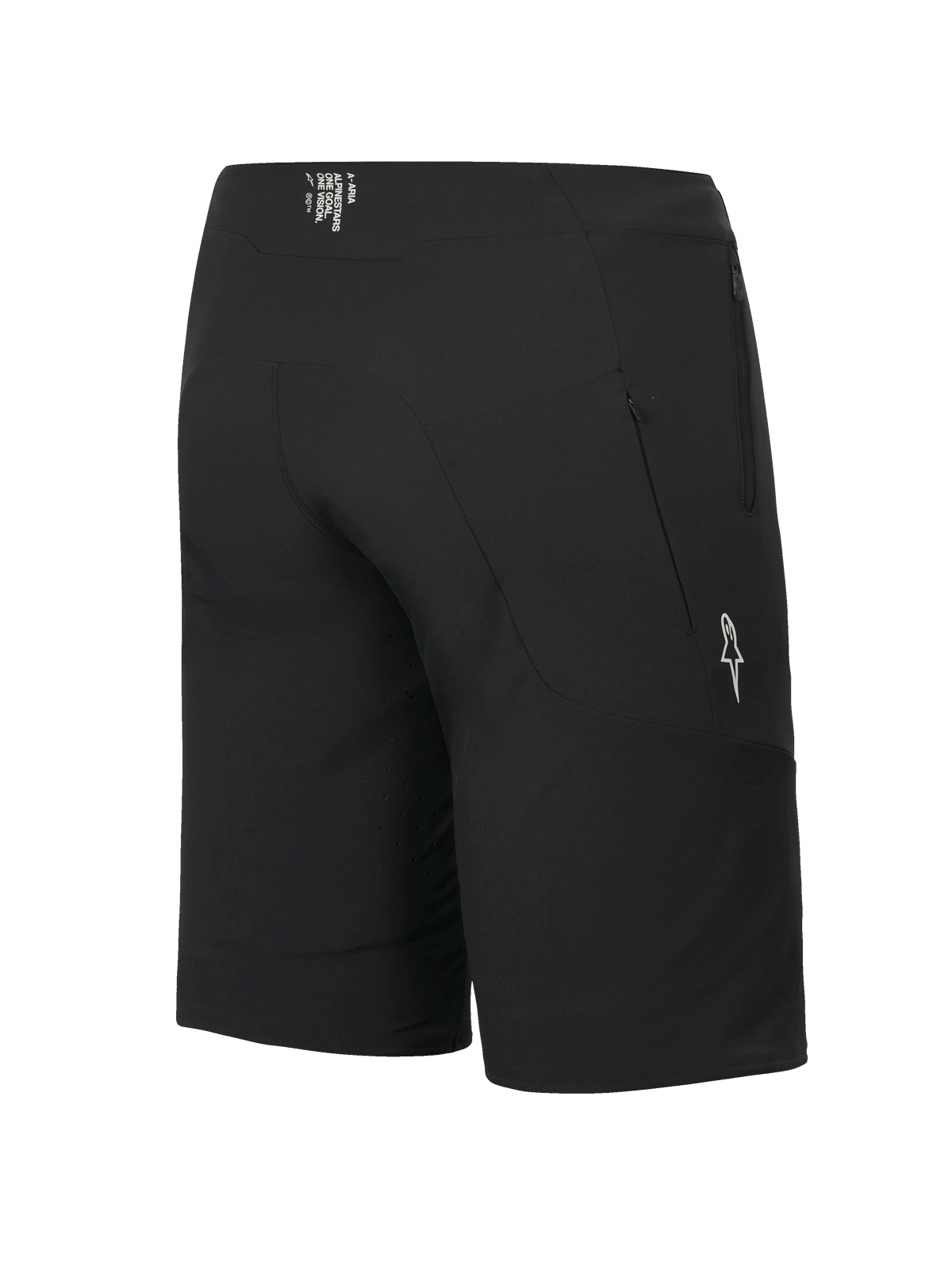 Alpinestars A-Aria Elite Shorts, MTB-short, Black Titanium, achteraanzicht met zak met ritssluiting en wit sterlogo, prestatiepasvorm voor fietsen