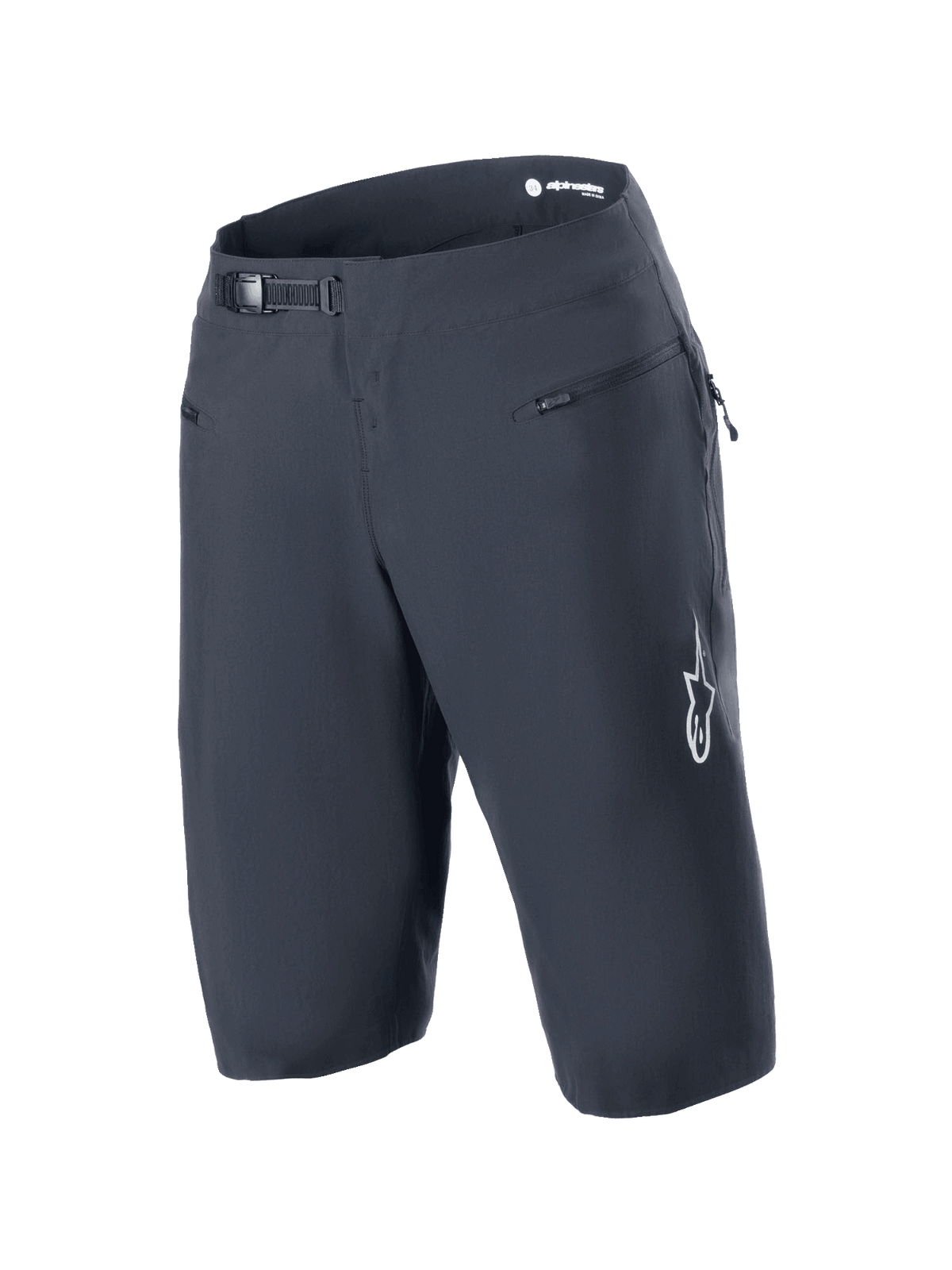 Alpinestars A-Aria Shorts, zwarte mountainbike-short met een ratelsluitingssysteem en ritszakken aan de voorkant, wit Astars-logo op de pijp, technische fietskleding voor optimale prestaties