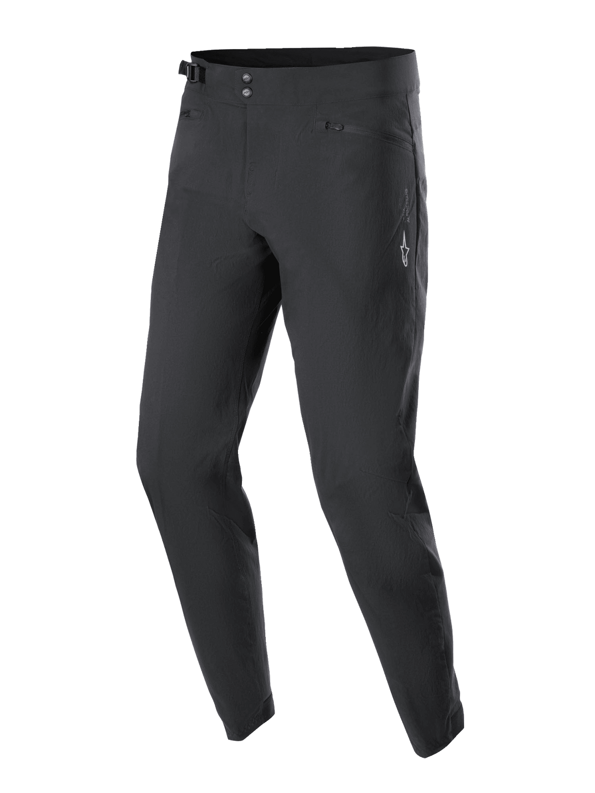 Alpinestars A-Dura broek, mountainbike broek, zwart, voorzien van een dubbele drukknoopsluiting, verstelbare tailleband aan de zijkant, zakken met rits en meshvoering, en een wit Astars-logo op het bovenbeen, ontworpen voor duurzaamheid off-road.