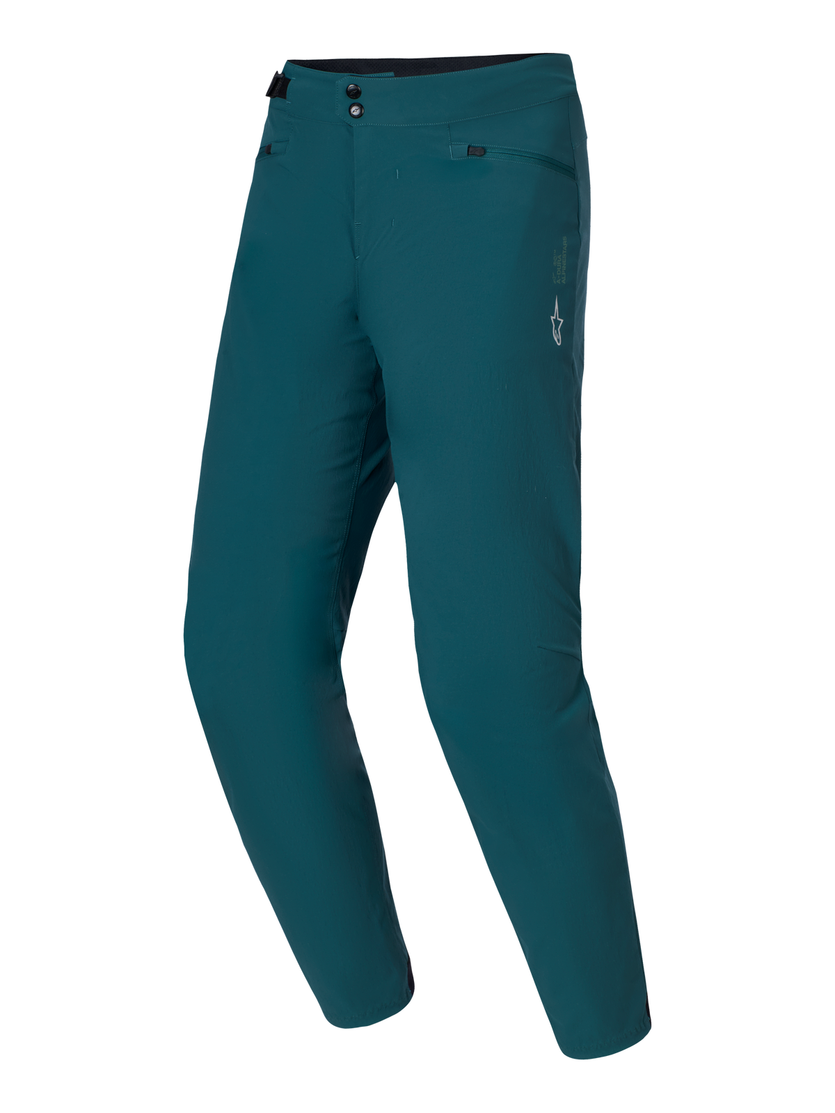 Alpinestars A-Dura broek, mountainbikebroek, Dark Pine groen, voorzien van dubbele drukknoopsluiting en tailleverstellers aan de zijkant, wit ster-logo op de linker dij, duurzaam 2-way stretch textiel voor MTB trailrijden