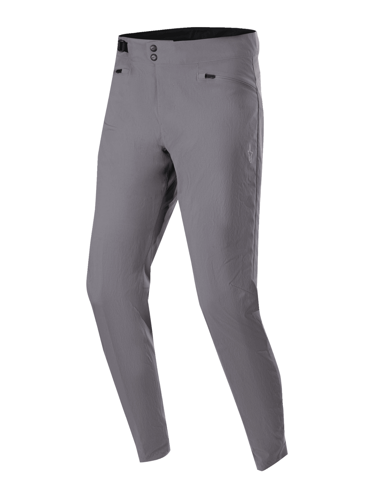 Alpinestars A-Dura Pants, MTB Cycling Pants, Dark Gray, featuring double snap closure, side waist adjusters, and zippered hip pockets, durable 2-way stretch textile for mountain biking