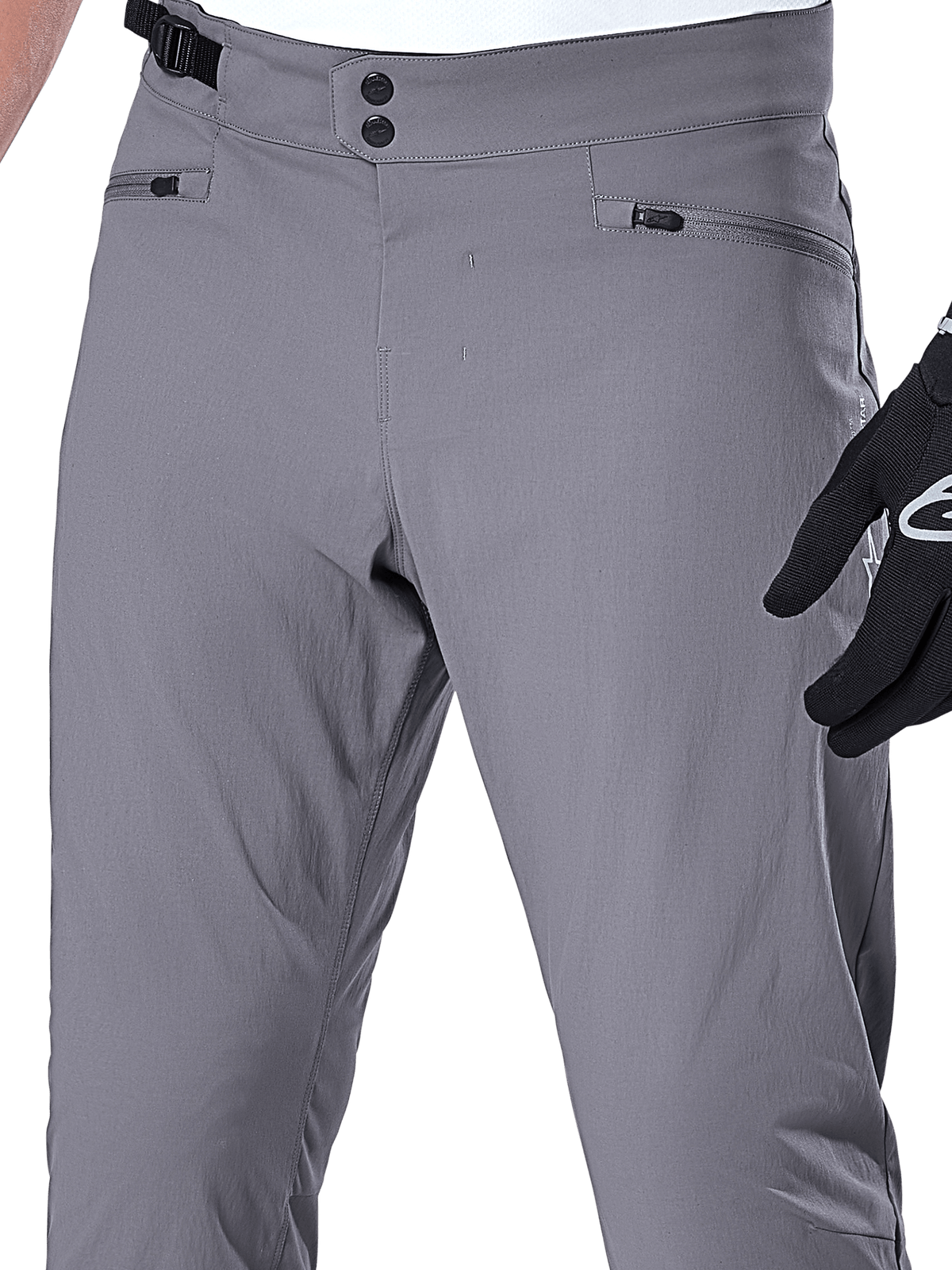 Alpinestars A-Dura Pants, MTB Pants, Dark Gray, close-up of the waist area featuring double snap closure, adjustable side cinch, and zippered pockets, durable stretch fabric for mountain biking