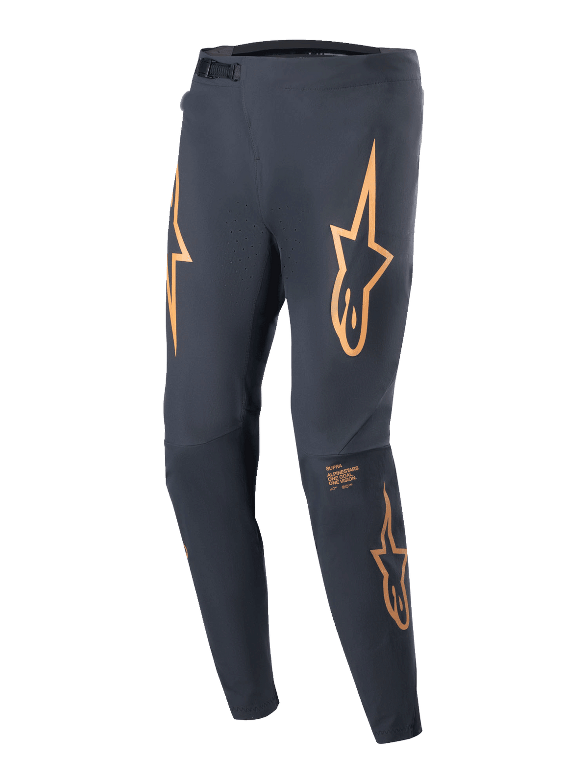 Alpinestars A-Supra Race Pants, MTB Racing Pants, Black with prominent orange star logos on the thighs, featuring a front ratchet closure, laser-perforated ventilation, and a tapered athletic fit.