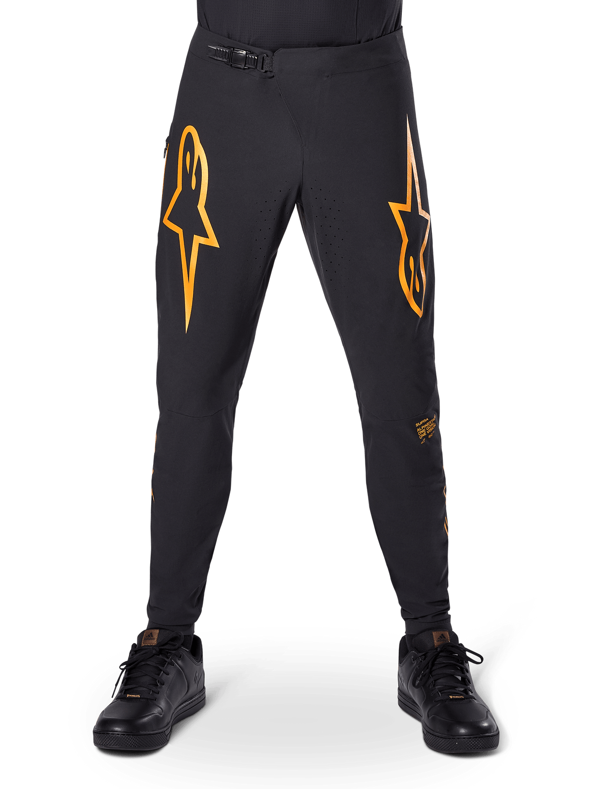 Alpinestars A-Supra Race Pants, MTB Cycling Pants, Black with bold orange logos, featuring a ratchet waist closure and laser-perforated ventilation, performance fit designed for off-road mountain bike racing
