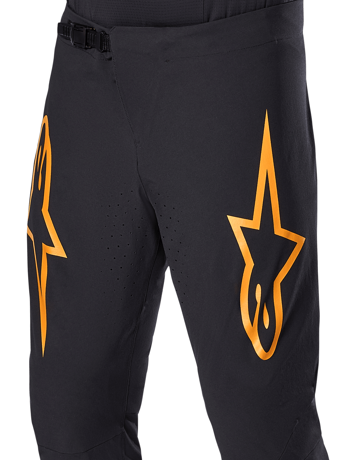 Alpinestars A-Supra Race Pants, Black MTB Cycling Pants with large orange star logos, featuring a front ratchet closure and laser-perforated ventilation holes, performance-oriented technical design.