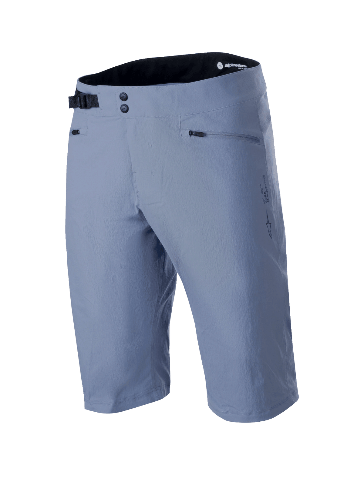 Short Alpinestars A-Dura, short de VTT, bleu Infinity, avec double fermeture à pression à l'avant, boucle de serrage latérale noire réglable, poches zippées et tissu texturé extensible dans deux directions, vêtement technique de VTT