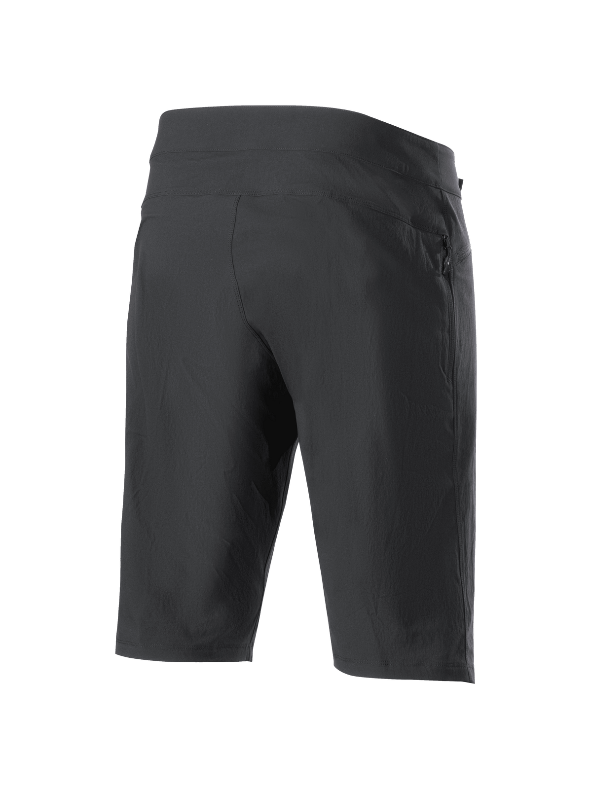 Alpinestars A-Dura Liner Shorts, zwarte MTB short, driekwart achteraanzicht, voorzien van een zijzak met ritssluiting, duurzame stretchstof en een gestroomlijnd sportief ontwerp voor off-road fietsen