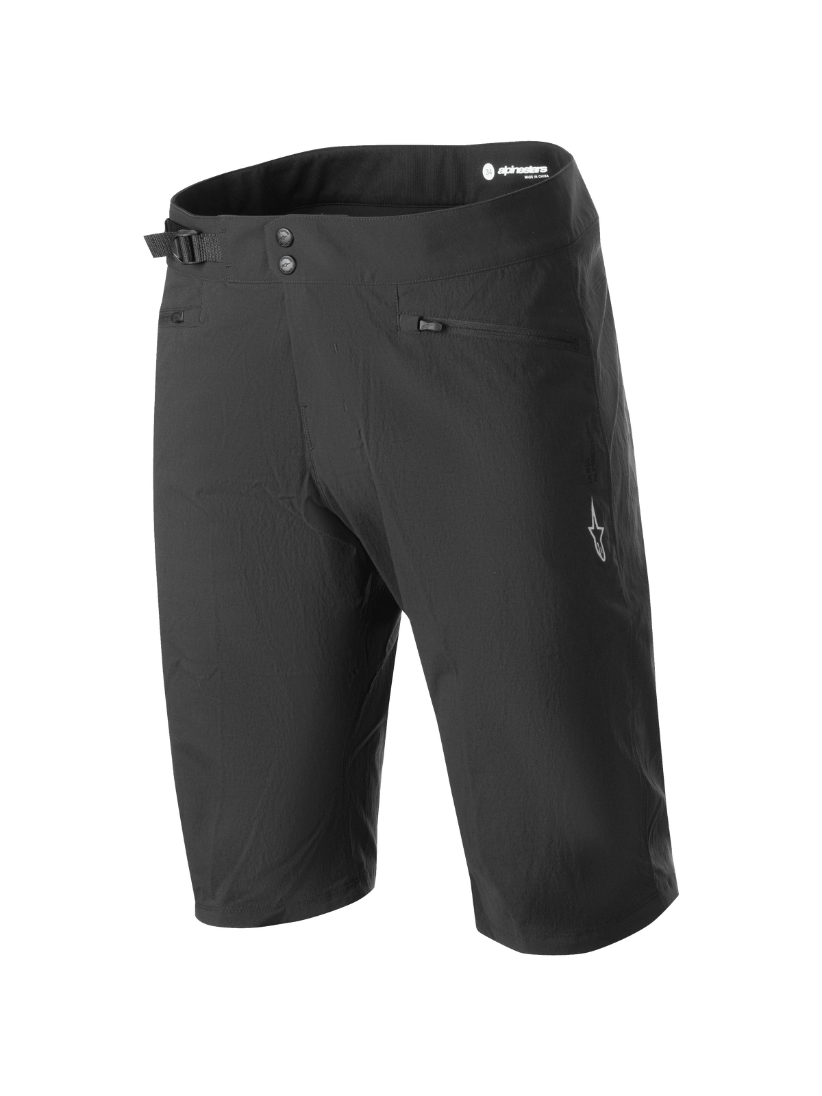 Alpinestars A-Dura Liner Shorts, zwarte mountainbike shorts, dubbele drukknoopsluiting met verstelbare taille aan de zijkant, zakken met ritssluiting, wit sterlogo op de pijp, duurzame en rekbare stof voor MTB-rijden.
