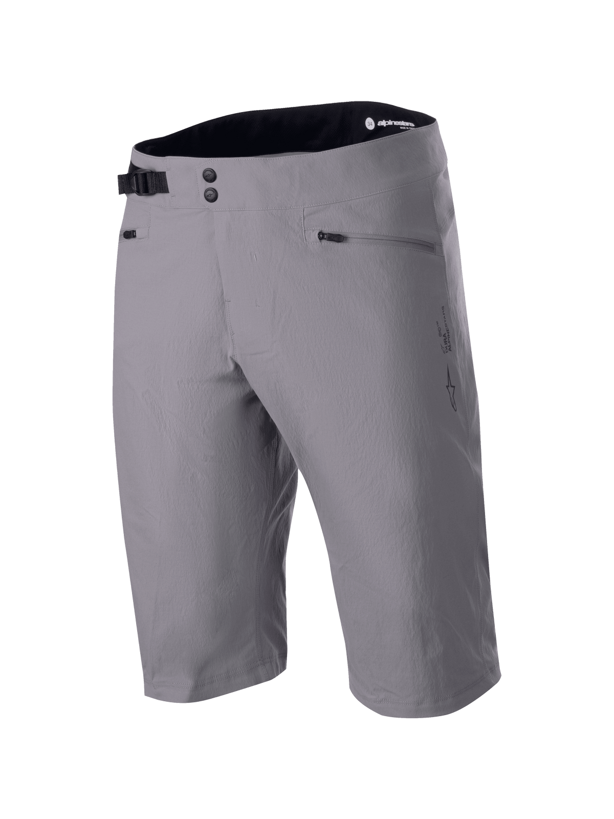 Alpinestars A-Dura Liner Shorts, donkergrijze MTB-short, dubbele drukknoopsluiting met verstelbare gespsluiting aan de zijkant, zakken met ritssluiting, duurzame 2-way stretchstof, Astars-logo aan de zijkant, zwarte binnenkant van de tailleband