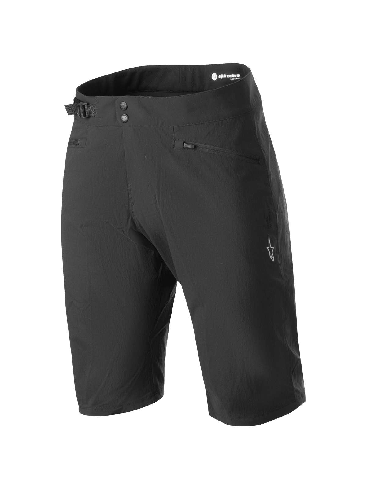 Alpinestars Stella A-Dura Liner Shorts, zwarte mountainbike shorts voor dames, knielang model met dubbele drukknoopsluiting en zijdelingse tailleversteller, ritszakken en wit sterlogo op de broekspijp, duurzame 2-way stretchstof voor MTB