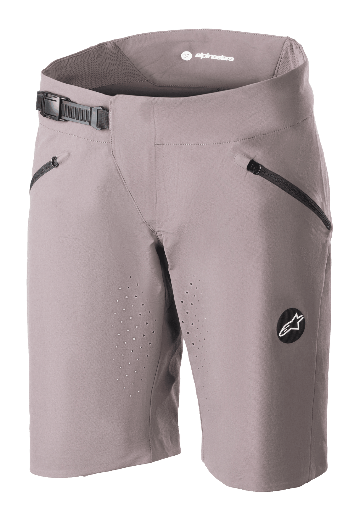 Alpinestars Stella Drop Algorithm shorts voor dames, MTB mountainbike shorts, Sparrow Gray grijs, met zwarte ratelsluiting in de taille, zakken met ritssluiting, lasergeperforeerde ventilatieopeningen en rond logo-embleem, technische fietskleding