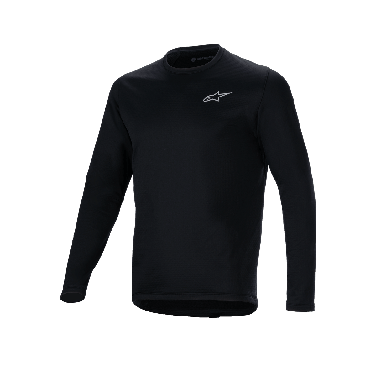 Alpinestars A-Dura Thermal Jersey, zwart fietsshirt met lange mouwen, klein wit Alpinestars-logo op de borst, verlengde drop tail voor extra dekking aan de achterzijde, geïsoleerde fleecevoering voor mountainbiken bij koud weer