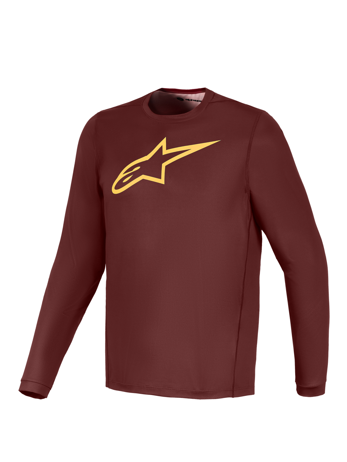 A-Dura Ride Langarm-Trikot in Bordeaux mit gelbem Alpinestars-Logo, leichte MTB-Performance-Ausrüstung.