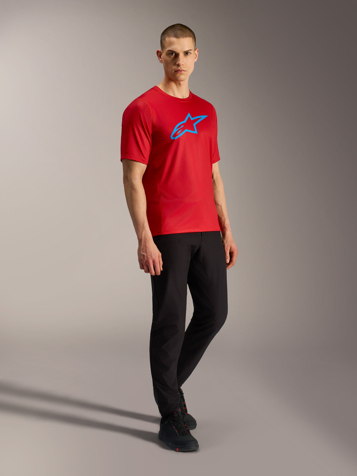 Rode A-Dura Ride jersey met korte mouwen, blauw Astars-logo, lichtgewicht jacquard stof, MTB-kleding.