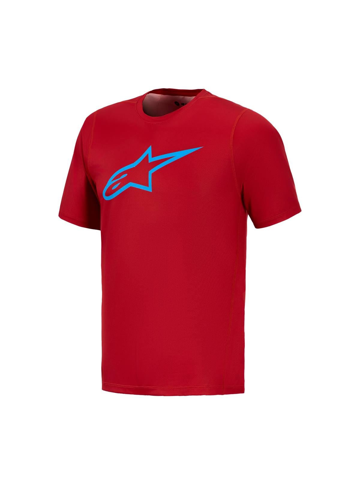 Rood A-Dura Ride fietsshirt met korte mouwen en een felblauw Astars-logo op de borst voor MTB-prestaties.