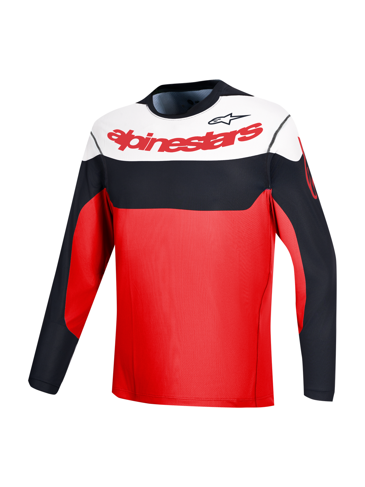 Rotes A-Dura Race Langarmtrikot mit Alpinestars-Branding und schwarz-weißem Color-Blocking für MTB-Performance.
