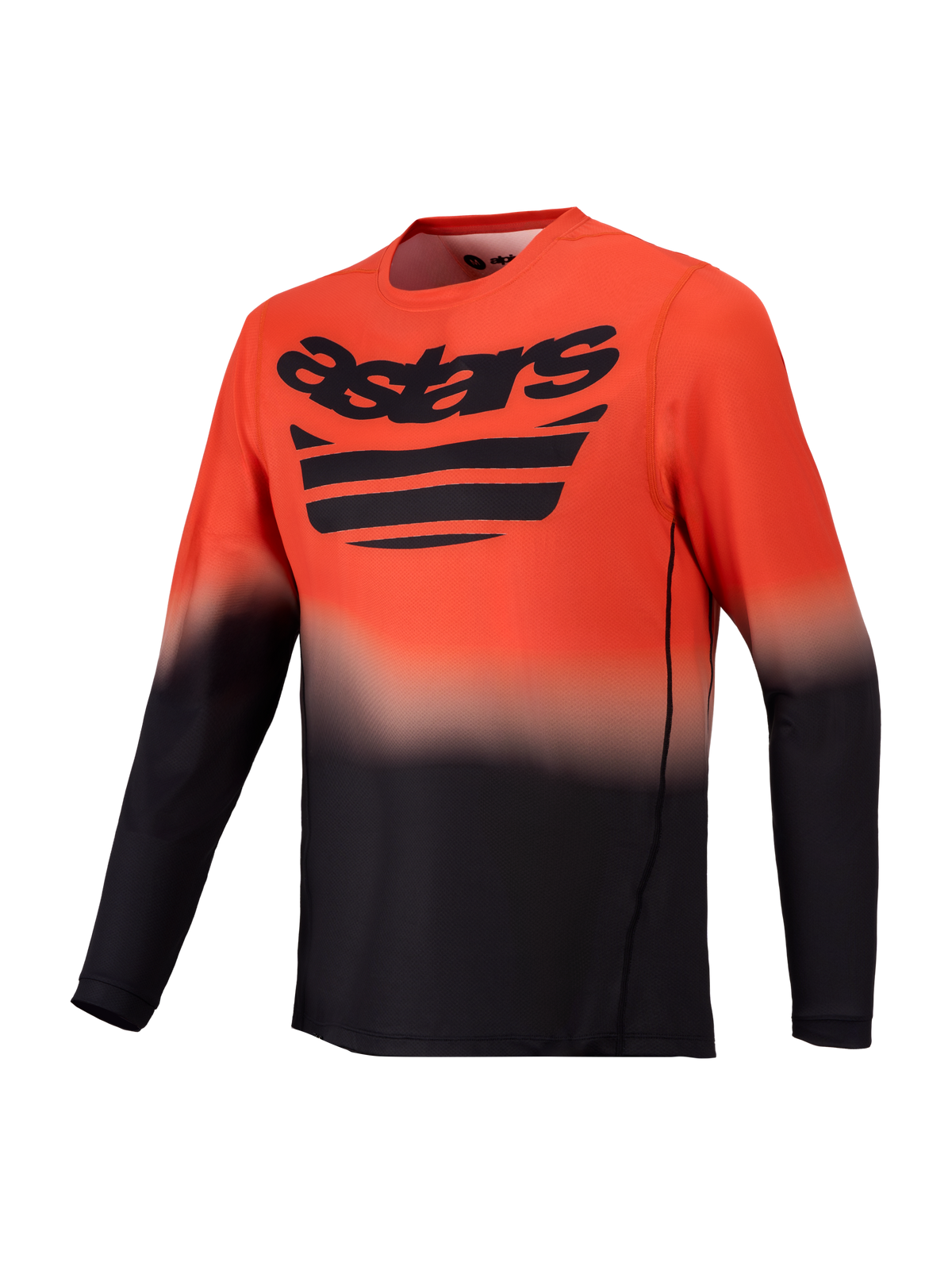 Alpinestars A-Dura ASTARS Jersey 2.0, long sleeve orange and black MTB jersey featuring a gradient fade and chest logo.