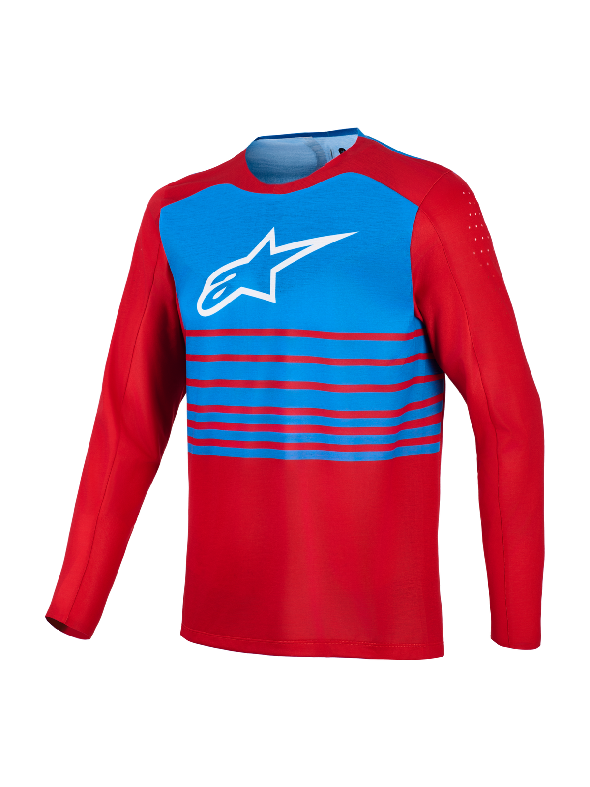 Rode en blauwe A-Dura Elite 2.0 MTB-jersey met lange mouwen, wit Alpinestars-logo op de borst en bicepsventilatie.