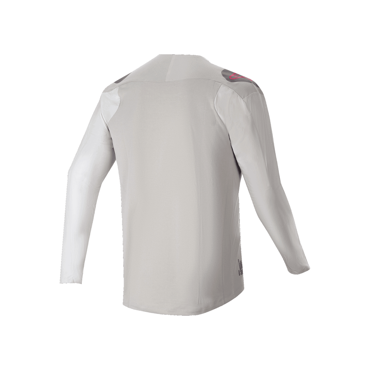 Alpinestars A-Aria Polartec Switch Langarmtrikot, Rückansicht, Hellgrau mit dunkelgrauen Schultereinsätzen und pinken Logo-Akzenten, Performance-Stretchgewebe mit abfallendem Saum, Mountainbike-Trailbekleidung