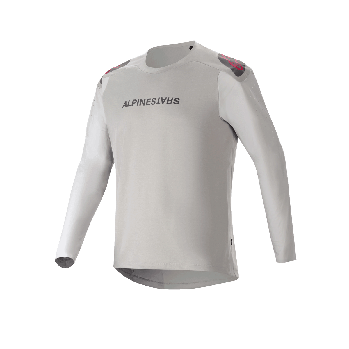 Alpinestars A-Aria Polartec Switch Langarmtrikot, hellgraues Mountainbike-Trikot mit schwarzem Branding auf der Brust, roten und schwarzen Akzenten an den Schultern und laserperforierten Ärmeln zur Belüftung
