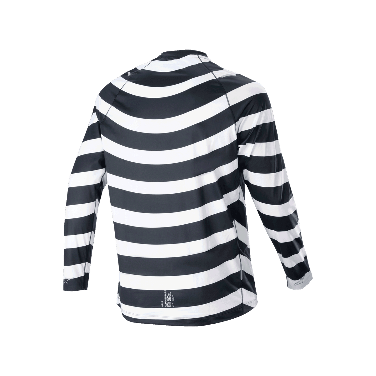 Alpinestars A-Aria Oscar Jersey met lange mouwen, zwart en wit, achteraanzicht met de spiraalvormige Oscar-graphic, wielershirt met een prestatiepasvorm en verlengde achterkant voor MTB trailrijden