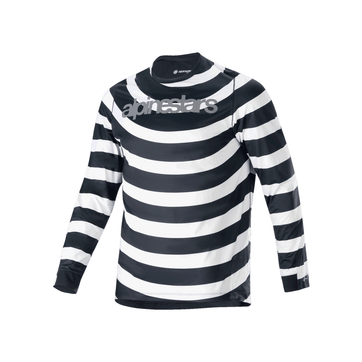 Alpinestars A-Aria Oscar Jersey, MTB-shirt met lange mouwen, zwart-witte spiraalvormige horizontale strepen, grijs Alpinestars-logo op de borst, lichtgewicht en ademende performance fietskleding