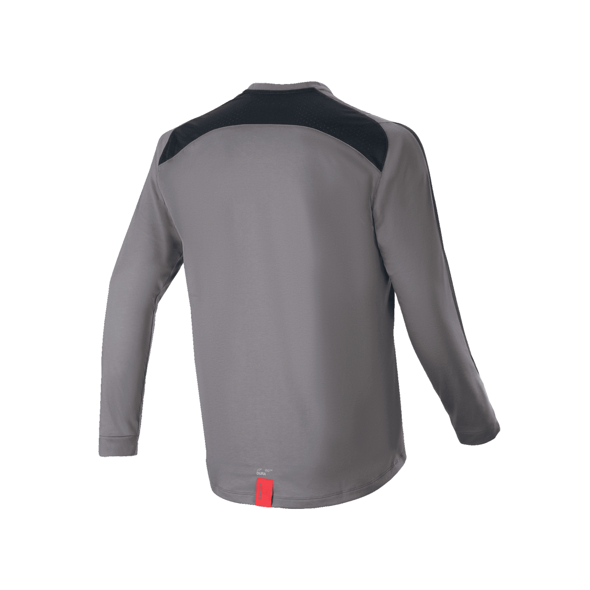 Alpinestars A-Dura Dri Astar Langarmtrikot, Dunkelgrau, Rückansicht mit schwarzen Mesh-Belüftungseinsätzen über den Schultern und einem kleinen roten Etikett am Saum, technische Mountainbike-Bekleidung