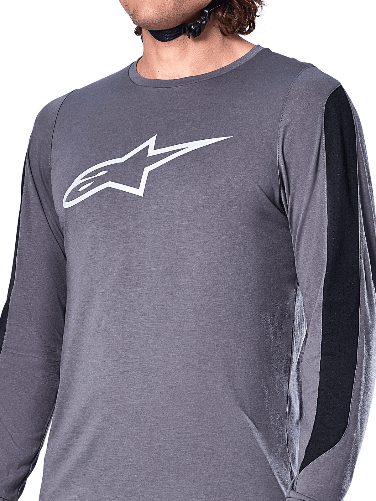 Alpinestars A-Dura Dri Astar Langarmtrikot, Dunkelgrau, weißes Astars-Logo auf der Brust, schwarze Mesh-Einsätze an den Ärmeln, Hochleistungs-Mountainbike-Bekleidung