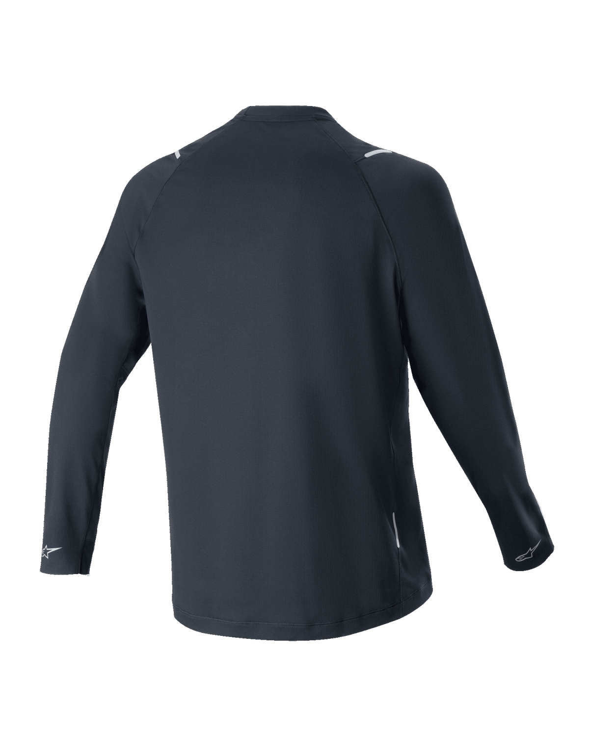 Alpinestars A-Aria Switch Langarmtrikot, Schwarz, Rückansicht, leichtes und atmungsaktives Polyestergewebe, mit längerem abfallendem Saum für zusätzliche Abdeckung und reflektierenden Alpinestars-Logos an den Ärmelbündchen, Performance-Passform für das Mountainbiken