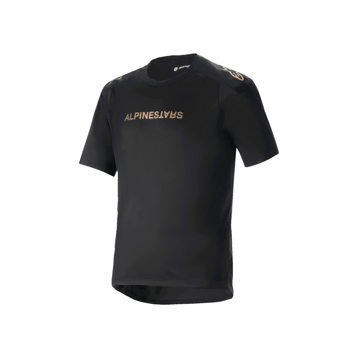 Maillot à manches courtes Alpinestars A-Aria Polartec Switch, maillot de VTT noir, marquage Alpinestars aux tons bronze sur la poitrine et les épaules, tissu technique évacuant l'humidité, coupe performance avec pan arrière rallongé