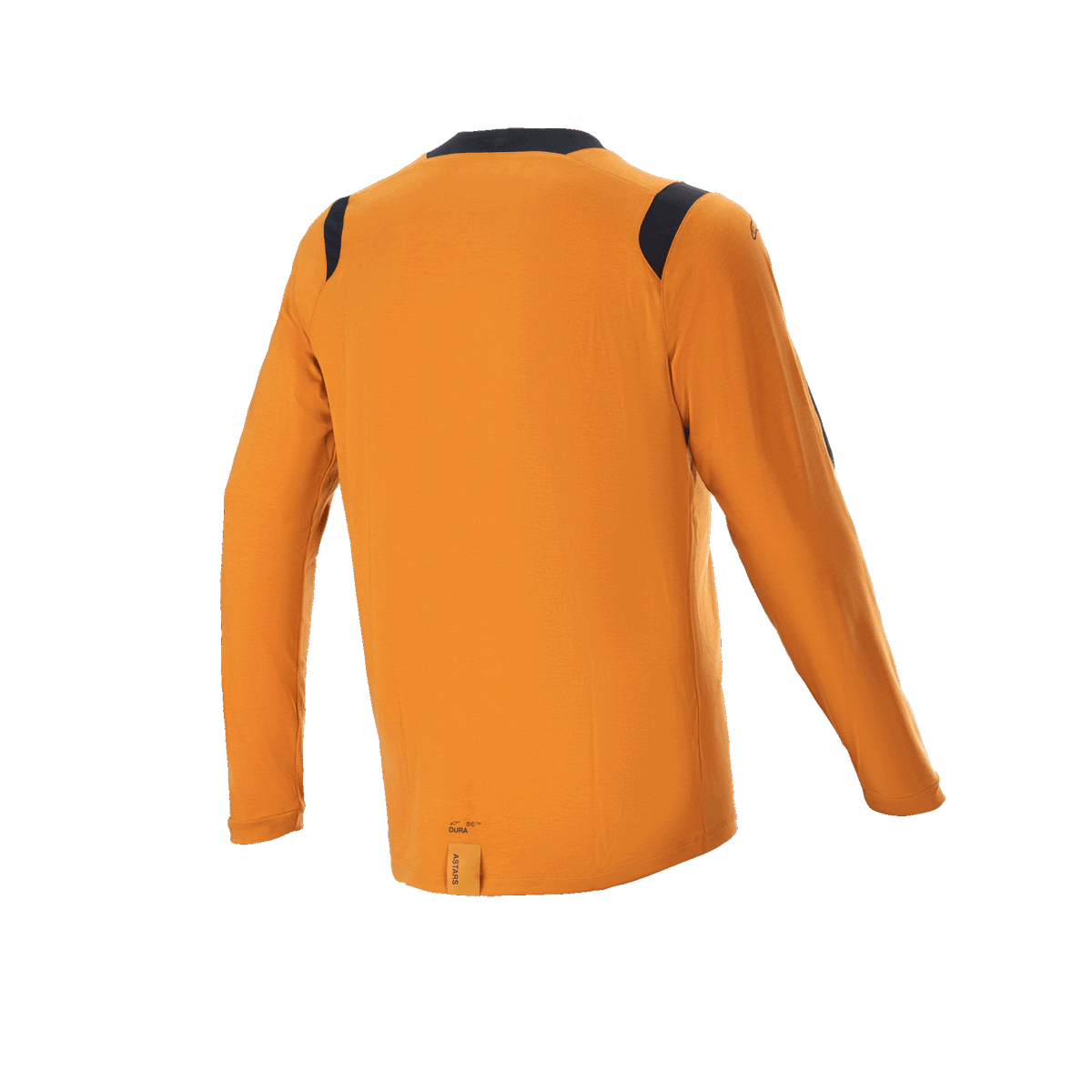 Maillot à manches longues Alpinestars A-Dura Dri Wool, Or foncé, vue arrière avec panneaux en maille noire sur les épaules et le col, vêtement technique de VTT avec un pan arrière allongé