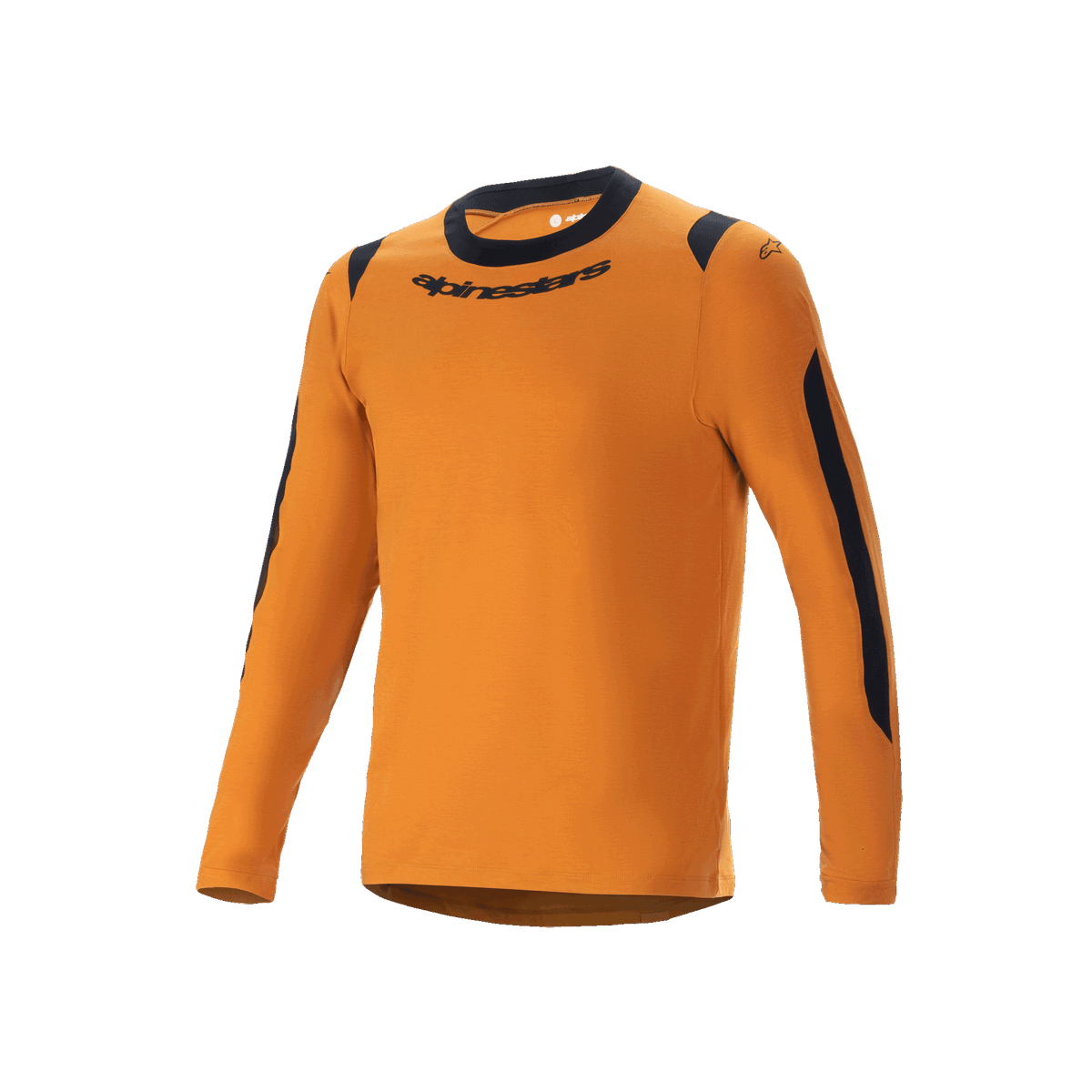 Alpinestars A-Dura Dri Wool Jersey - Long Sleeve, maillot de VTT, or foncé, col rond noir et empiècements en maille sur les épaules et les bras, logo Alpinestars sur la poitrine, mélange de laine technique pour le trail