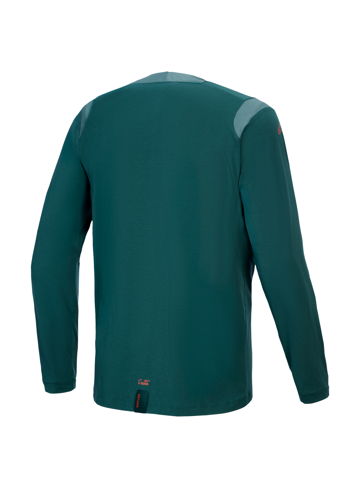 Alpinestars A-Dura Dri Wool Jersey - Lange mouwen, Dark Pine, achteraanzicht met meshpanelen op de schouders en kraag, technische wolmix stof, verlengde achterkant voor MTB-dekking, kleine oranje branding aan de onderste zoom